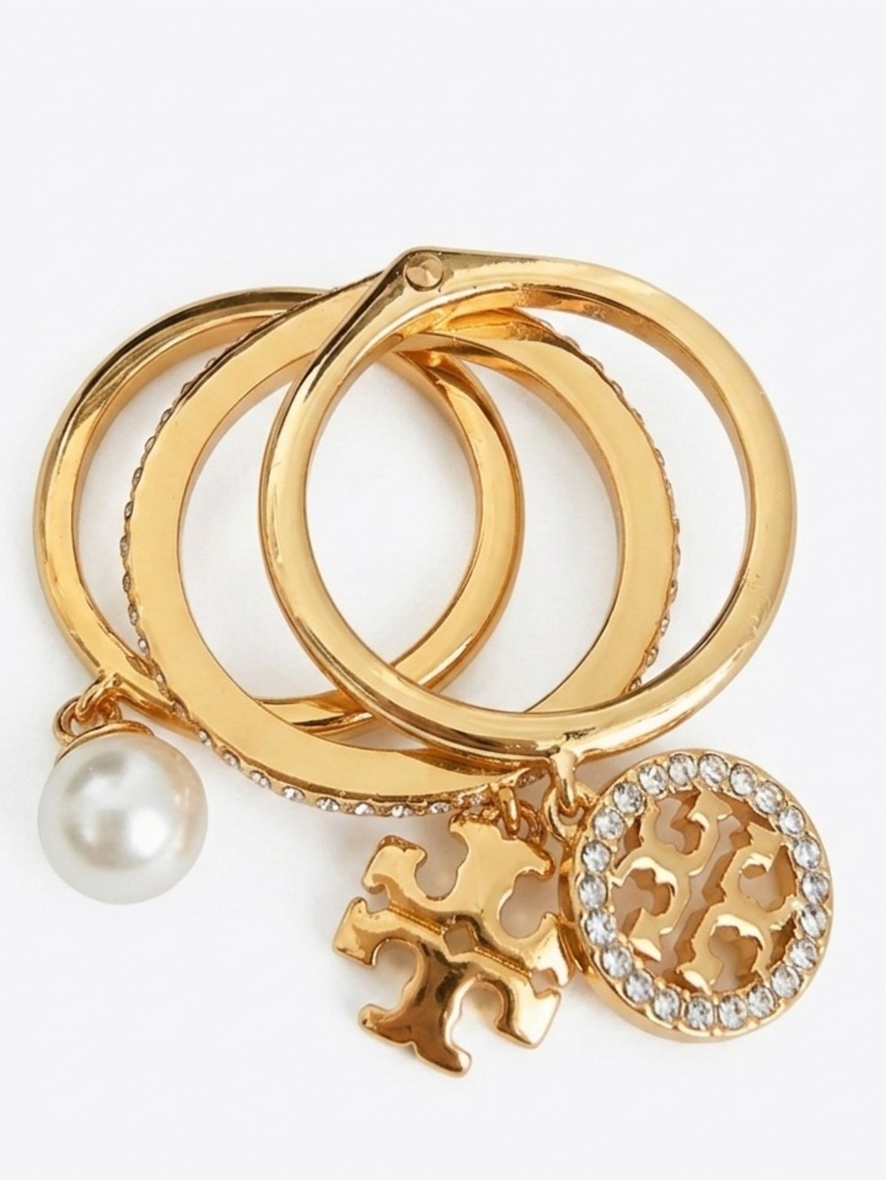 NWT Tory Burch Icon Pavé Charm Stacking Ring Set 3 Gold Pearl Crystal